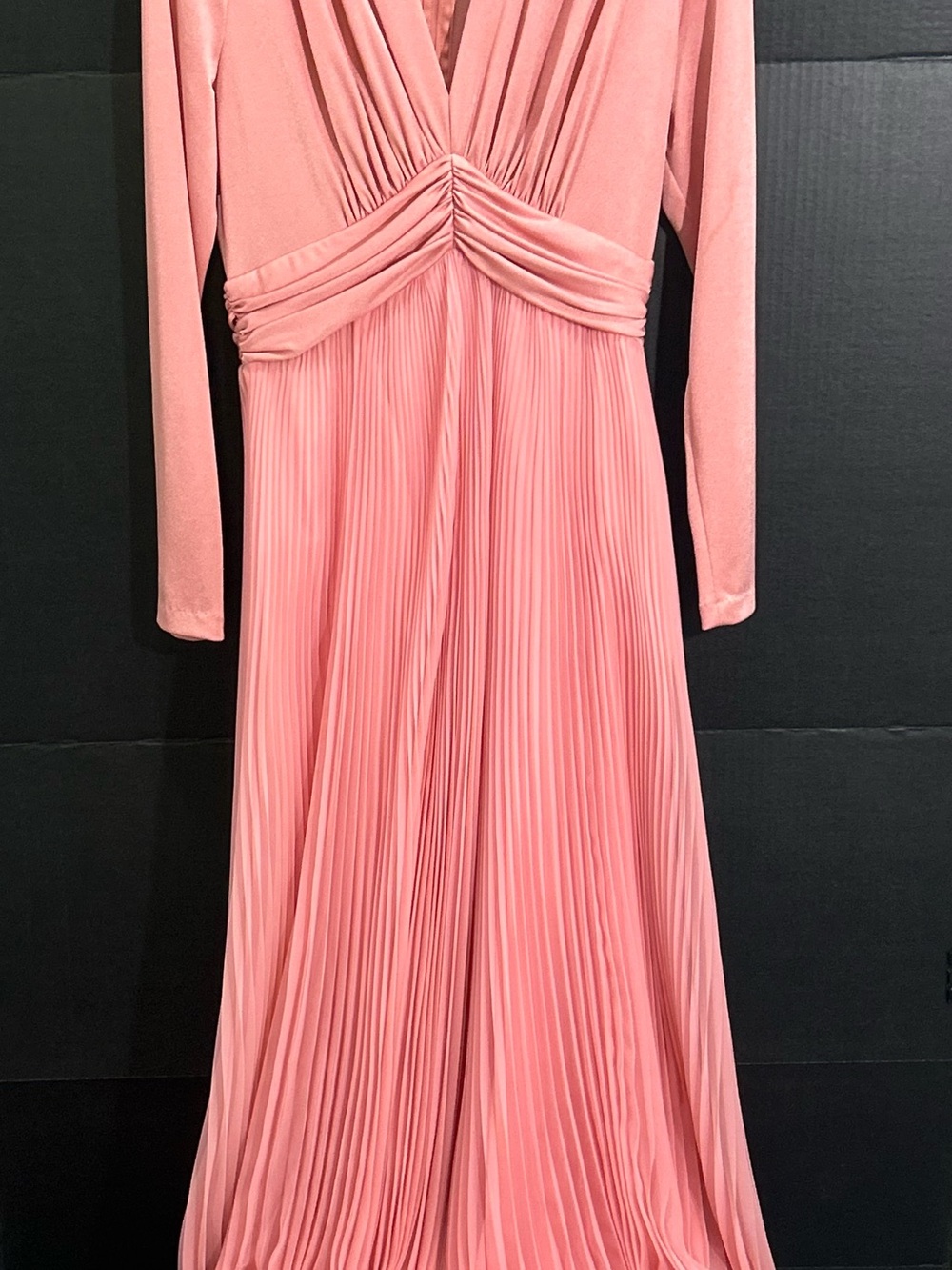 Miss Elliette Blush Pink Pleated V-Neck Long Sleeve Evening Dress - Picture 2 of 8